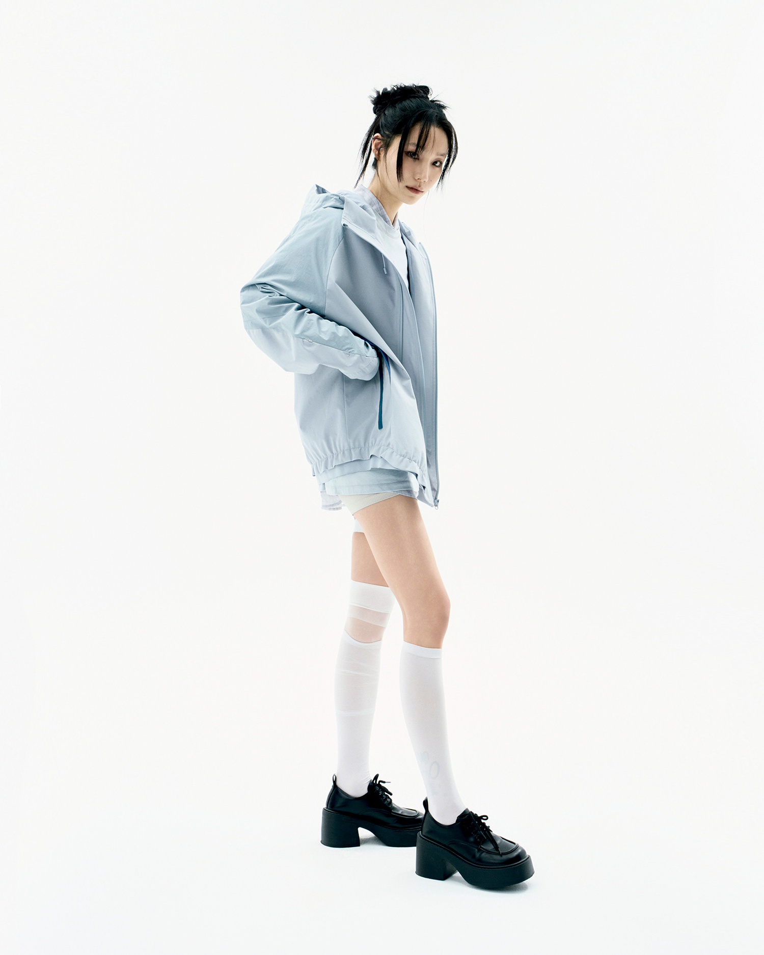 Paneled Crop Shell Jacket Stone Blue - OJOS - now available in London at YUGU.