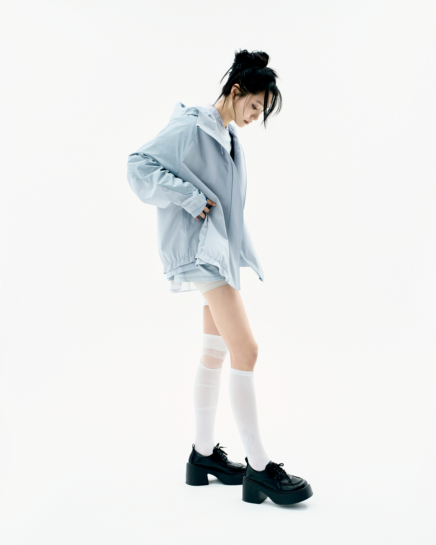 Paneled Crop Shell Jacket Stone Blue - OJOS - now available in London at YUGU.