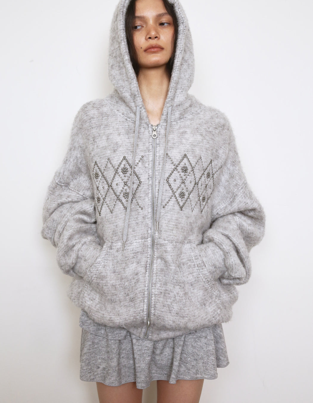 Fluffy Argyle Studded Hoodie Grey – POLYSOOEM – London UK | YUGU