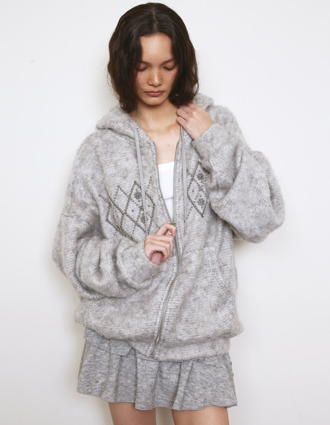 Fluffy Argyle Studded Hoodie Grey – POLYSOOEM – London UK | YUGU
