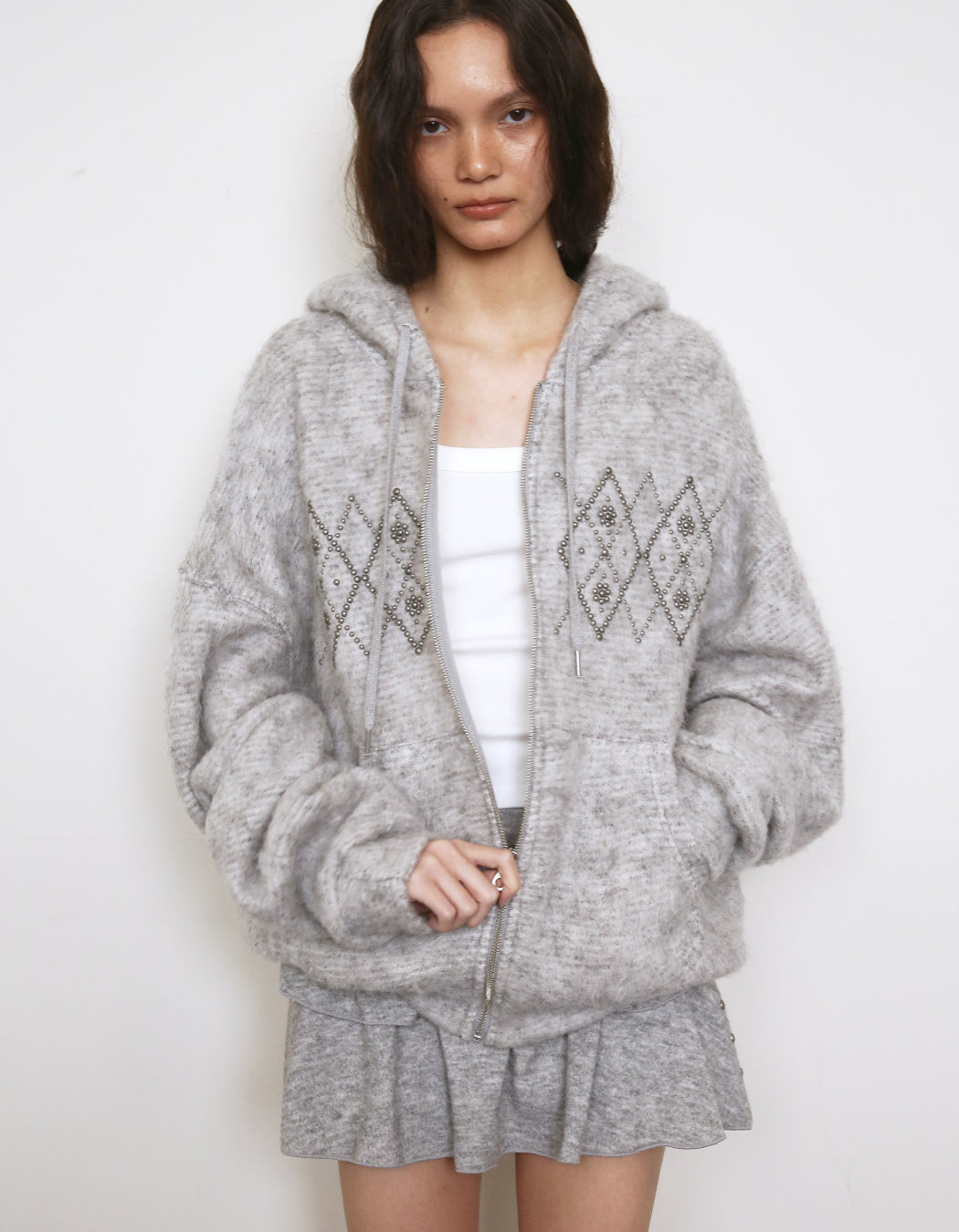 Fluffy Argyle Studded Hoodie Grey – POLYSOOEM – London UK | YUGU