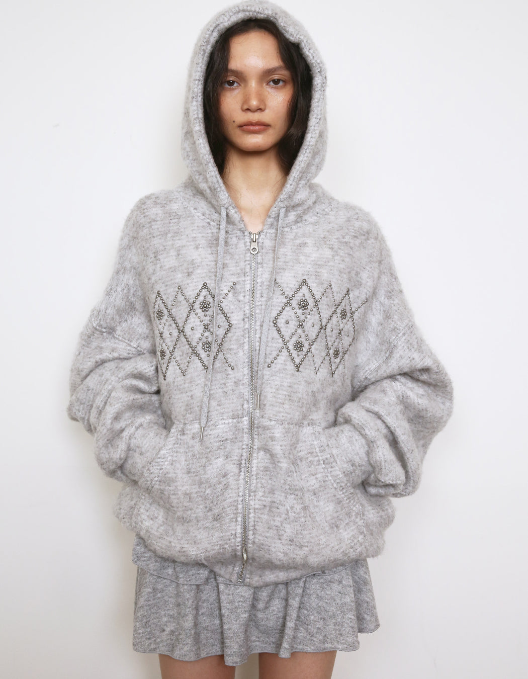 Fluffy Argyle Studded Hoodie Grey – POLYSOOEM – London UK | YUGU